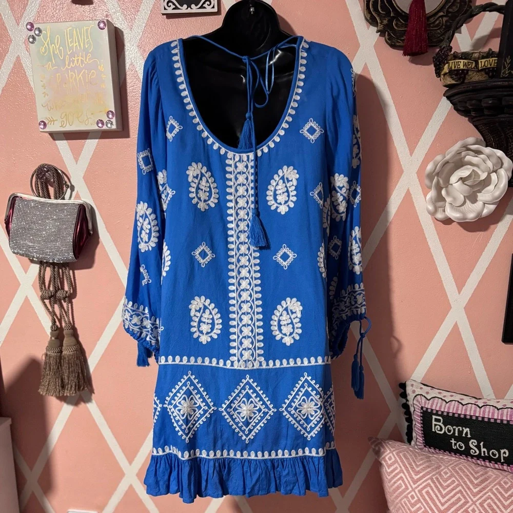 Elan Blue Dress with White Embroidery - Picture 7 of 8